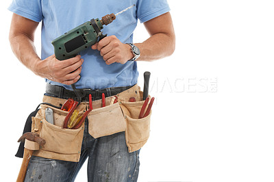 Buy stock photo Drill, construction and hands of man with tools belt for engineering, maintenance and building. Manual labor, technician service and contractor, builder and handyman with gear bag on white background