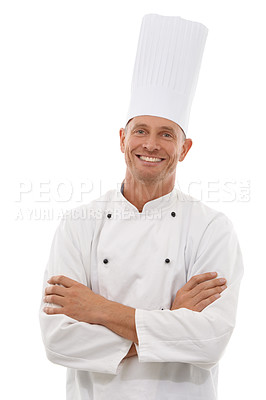 Buy stock photo Chef, portrait and man with confident smile, cafe owner and small business leader in restaurant industry. Isolated on white background, happy executive French cook in uniform, arms crossed in studio.