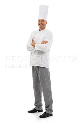 Buy stock photo Chef, full body portrait and man confident smile, cafe owner and small business leader in restaurant industry. Isolated on white background, happy executive cook in uniform and arms crossed in studio