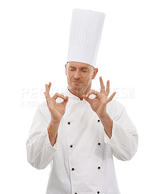 Buy stock photo Man, chef and hands in OK sign for perfection, approval or precision isolated on white studio background. Happy culinary artist eyes closed showing okay hand gesture in perfect, precise or just right