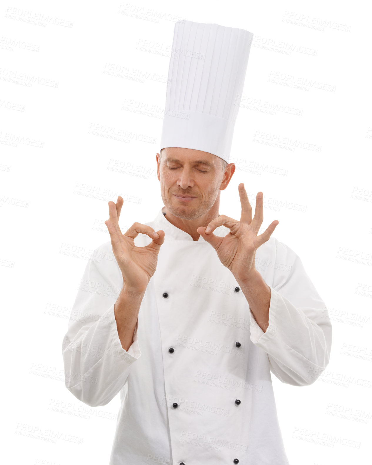 Buy stock photo Man, chef and hands in OK sign for perfection, approval or precision isolated on white studio background. Happy culinary artist eyes closed showing okay hand gesture in perfect, precise or just right