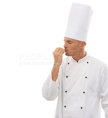 Buy stock photo Man, chef and kissing hands for taste, perfect or just right in celebration for cooking skills isolated on white studio background. Happy proud male culinary artist kiss hand for perfection on mockup