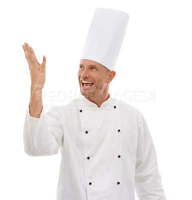 Buy stock photo Man, chef and celebrating skill for taste, cooking or creation standing isolated on a white studio background. Happy male culinary artist or cuisinier in uniform with proud smile for food expertise