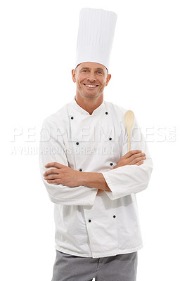 Buy stock photo Portrait of chef, wooden spoon and confident smile, cafe owner isolated on white background. Happy executive cook, uniform, cooking for restaurant discount deal, menu special or promotion in studio.