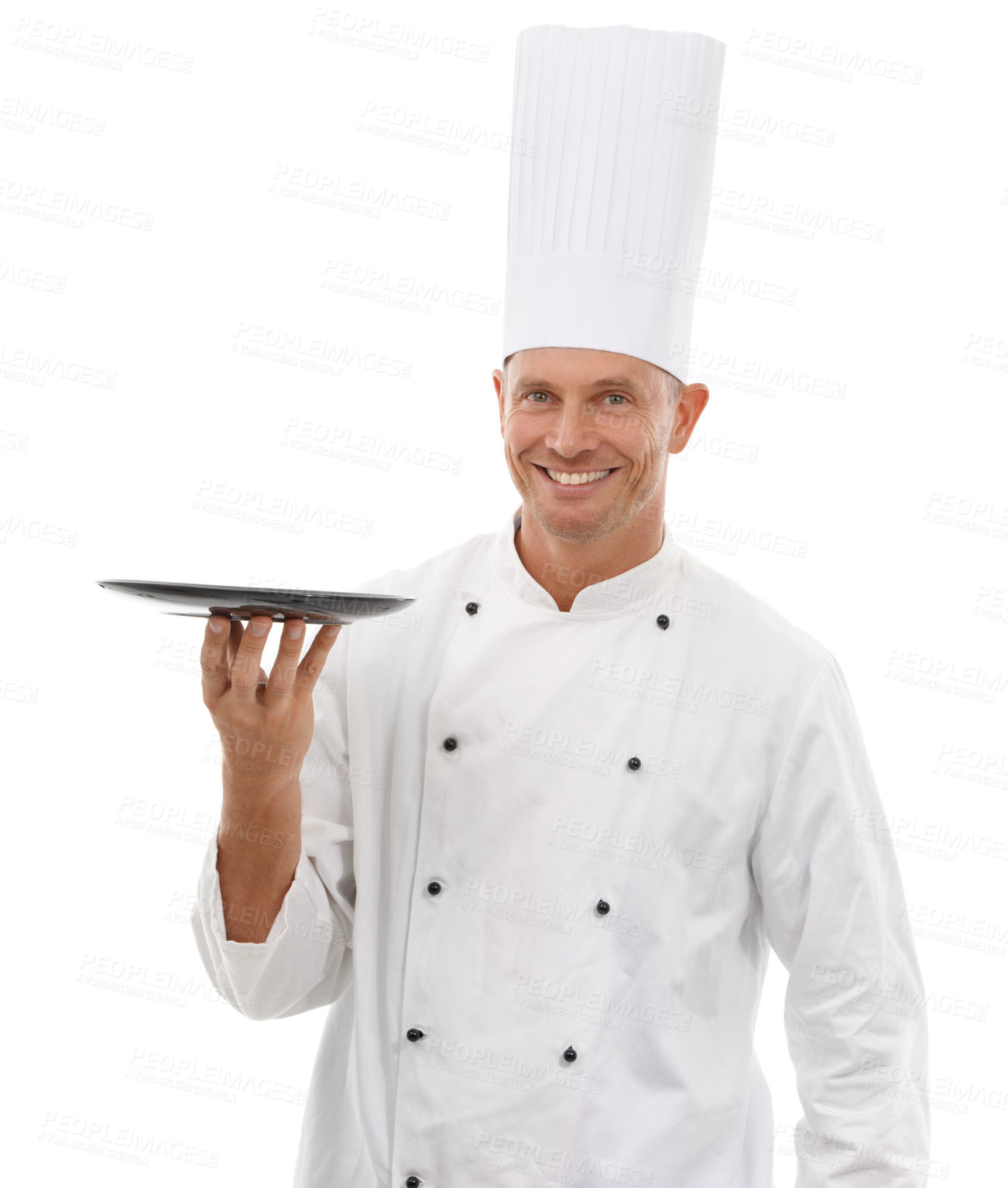 Buy stock photo Portrait of chef, empty tray and smile, presenting menu special promo deal or restaurant product placement. Happy cafe, cook and man in uniform with mock up isolated on white background in studio.