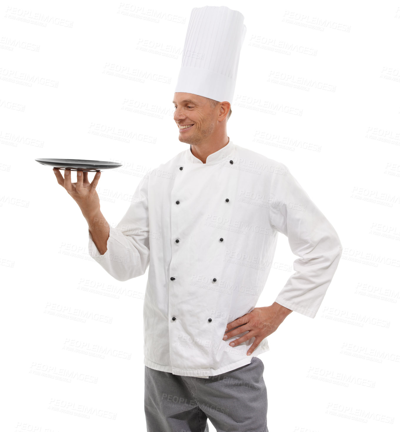 Buy stock photo Chef, empty plate and smile, presenting menu special promo deal or restaurant product placement space. Happy cafe, cook and man in service uniform with mock up isolated on white background in studio.