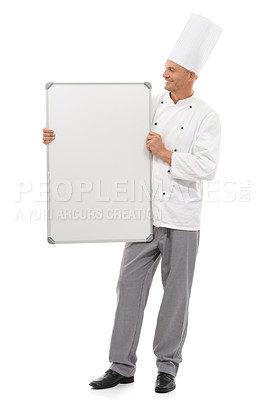 Buy stock photo Chef man with board isolated on a white background for empty menu, design mockup and career services. Professional culinary, cooking or bakery person with whiteboard presentation for ideas mock up