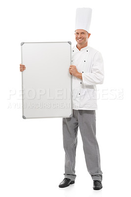 Buy stock photo Board mockup and chef man isolated on a white background of empty menu and happy career services. Professional culinary, cooking or bakery person whiteboard, presentation and ideas in studio portrait