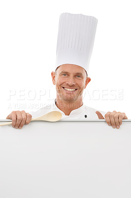 Buy stock photo Menu poster, chef and portrait of a man with mockup space, banner or billboard for advertising food or brand. Happy person with board or sign and spoon advertising restaurant on a white background