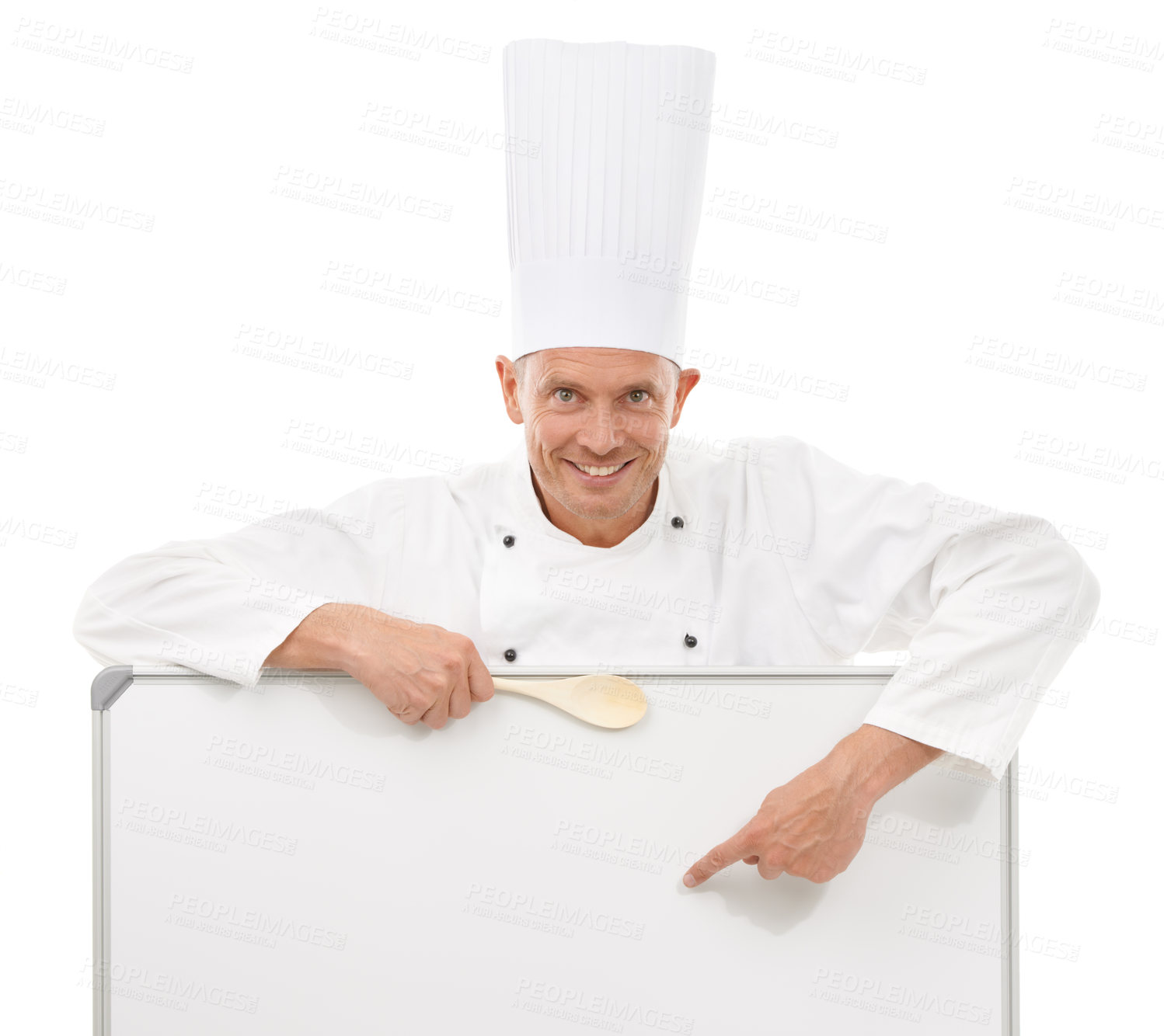 Buy stock photo Chef, portrait and a man with menu mockup space, poster or billboard for advertising special or brand. Happy person with board or sign and spoon advertising restaurant or cafe on a white background
