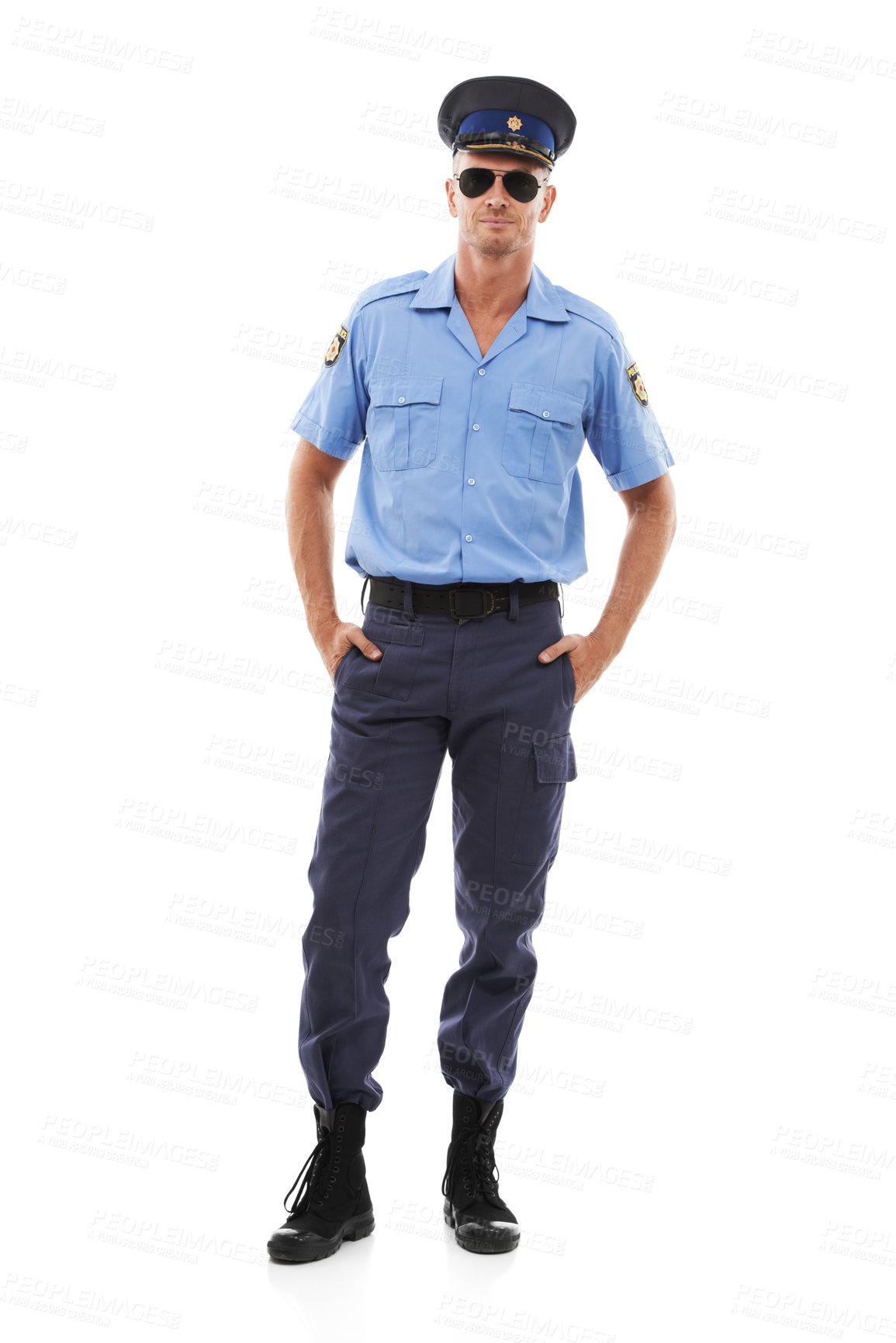 Buy stock photo Security, crime officer and portrait of police on white background for authority, public safety and laws. Justice, law enforcement and isolated full body of policeman, traffic cop and guard in studio