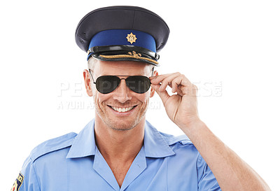 Buy stock photo Police officer man in sunglasses isolated on a white background, career vision and portrait smile. Security, law and professional person or attractive model in uniform for justice and cool in studio