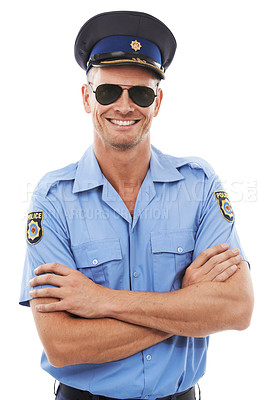 Buy stock photo Proud, police officer man isolated on a white background in sunglasses for career vision, leadership and portrait. Security, law and professional person or attractive model in cool uniform and studio