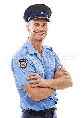 Buy stock photo Police officer, arms crossed and man isolated on a white background for career vision, leadership and studio portrait. Security, law and compliance professional person or happy model in uniform