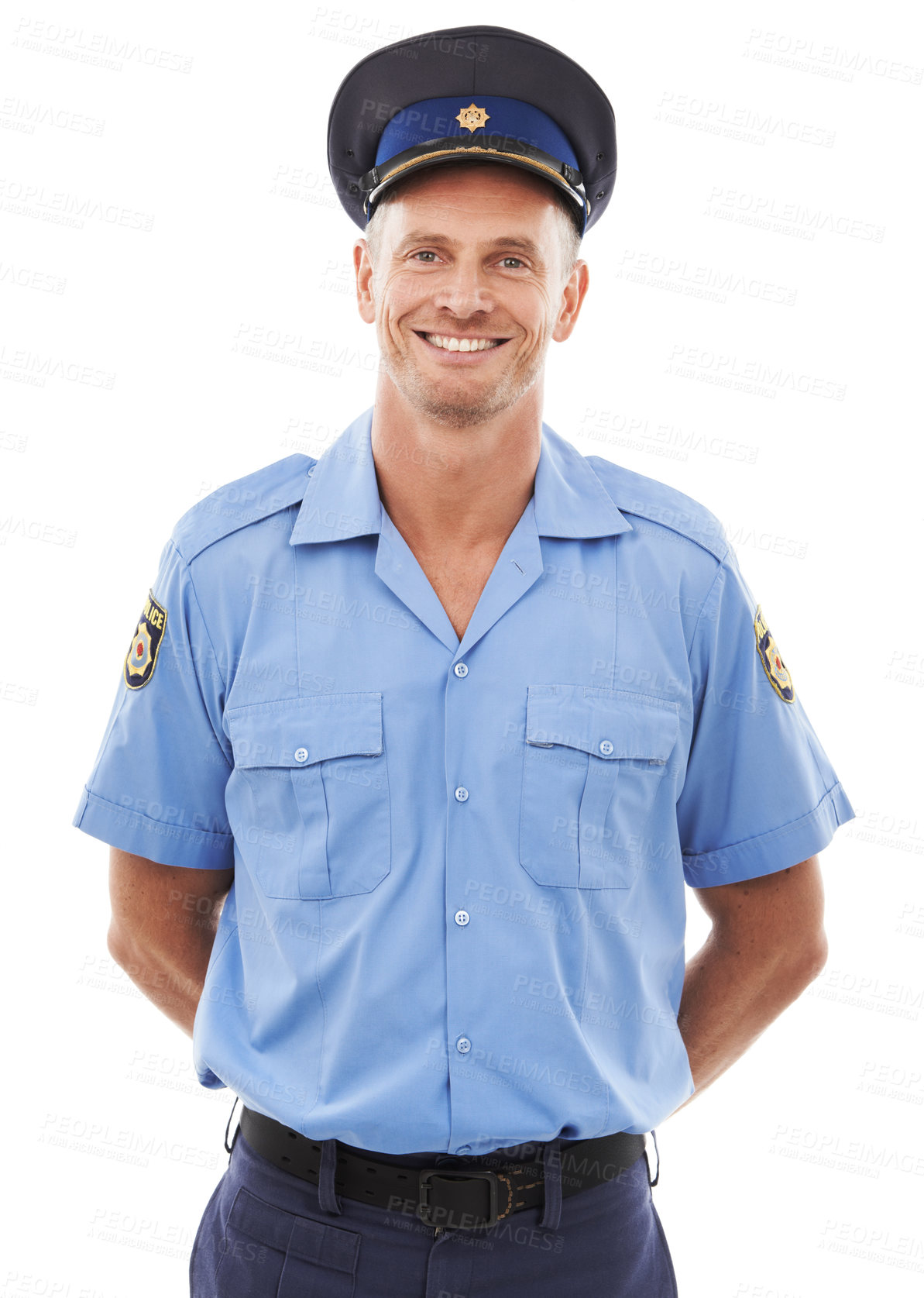 Buy stock photo Happy police officer and man isolated on a white background for career vision, leadership and studio portrait. Security, law and compliance of professional person or attractive model in legal uniform