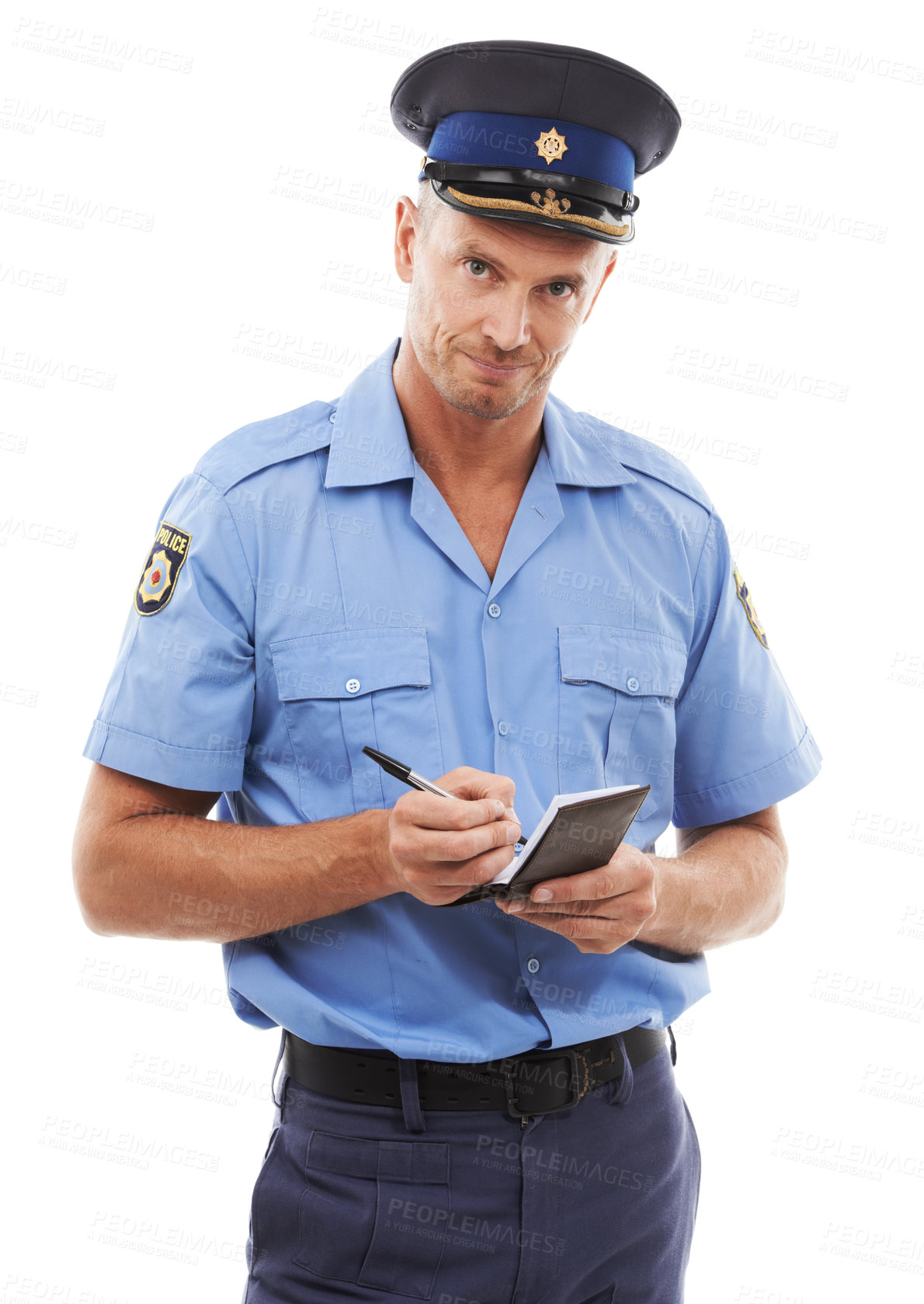 Buy stock photo Parking fine, writing ticket and portrait of police on white background with notepad for traffic laws. Crime, law enforcement and face of policeman, security guard and safety officer write on paper