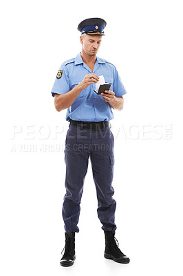Buy stock photo Ticket, parking fine and police writing on notepad for traffic laws, public service and crime on white background. Justice, law enforcement and isolated policeman, security guard and safety officer 