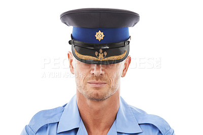 Buy stock photo Law, police and headshot of man in studio for crime, protection and safety against white background. Security, authority and front of male official ready for crime, justice and protection isolated