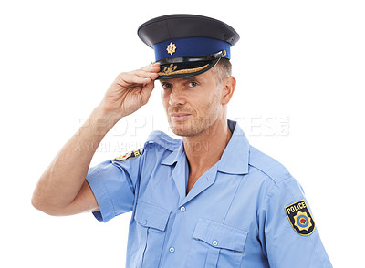 Buy stock photo Security, cop and portrait of police on a white background for authority, leadership and justice. Law enforcement, public safety and isolated face of guard, policeman and officer in legal uniform