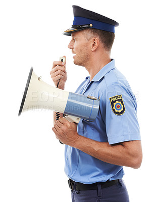 Buy stock photo Law man, megaphone and police officer speech for service announcement, legal justice or studio crime. Criminal safety profile, security communication speaker or hero talk isolated on white background