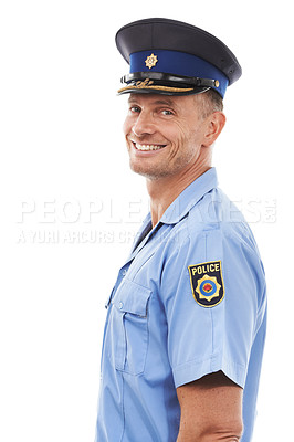 Buy stock photo Security, officer and portrait of police with smile on white background for authority, leadership and pride. Law enforcement, justice and isolated guard, policeman and cop happy in legal uniform