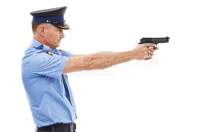 Buy stock photo Man, police officer and pointing gun ready to fire or shoot standing isolated on a white studio background. Male security guard or detective holding firearm to uphold the law, stop crime or violence