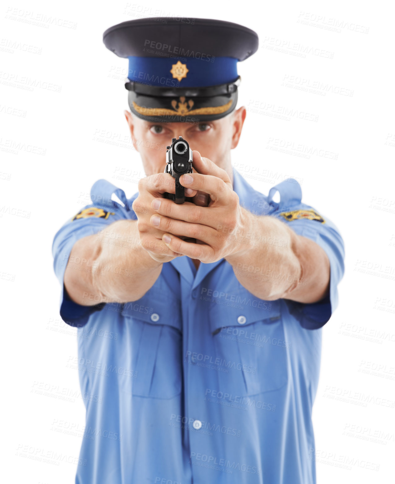 Buy stock photo Police officer portrait, gun and man shooting for criminal law enforcement, public safety or studio security service. Violence protection guard, crime justice or hero aim isolated on white background