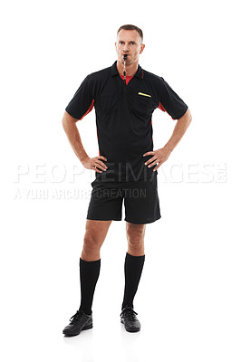 Buy stock photo Referee man, portrait and blowing whistle, angry with soccer foul and warning in game isolated on white background. Sports, fitness and compliance, rules and male in studio with football penalty 