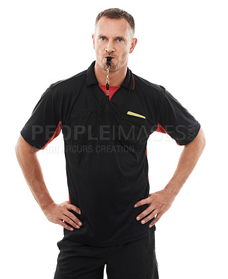 Buy stock photo Referee man, portrait and whistle, angry with soccer foul and warning in match or game isolated on white background. Sports, fitness and compliance, rules and male in studio with football penalty 