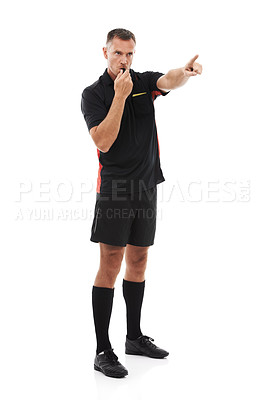 Buy stock photo Sport, referee and man blowing whistle, pointing or gesture 
 in studio warning, sign or message on white background. Sports, coach and hand for rules, compliance and caution while training isolated 