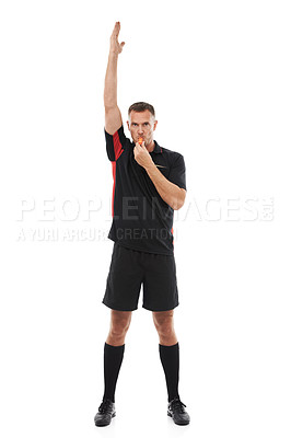 Buy stock photo Man, sports referee and blowing whistle with hand up for warning, penalty or fail in studio. Fitness coach, sign of mistake and error or soccer rules for competition game isolated on white background