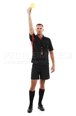 Buy stock photo Sports referee, man and yellow card warning for soccer rules, penalty or fail in studio. Fitness coach color sign for mistake, caution or flag for competition game isolated on a white background