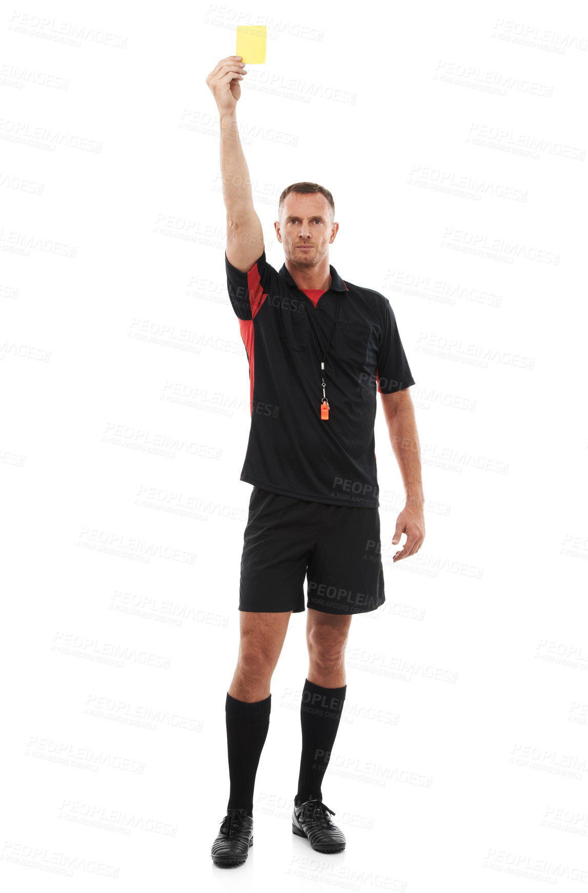 Buy stock photo Sports referee, man and yellow card warning for soccer rules, penalty or fail in studio. Fitness coach color sign for mistake, caution or flag for competition game isolated on a white background