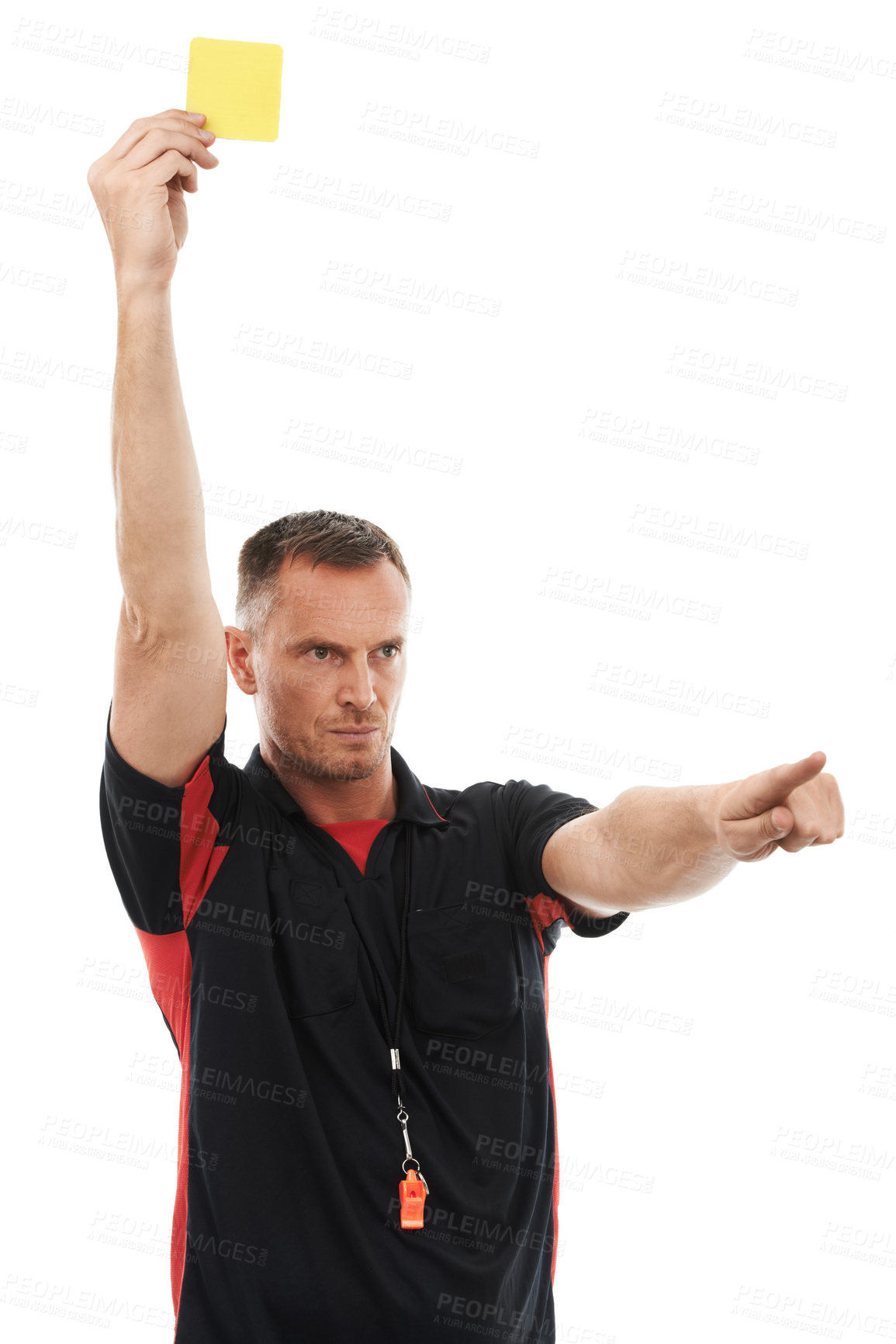 Buy stock photo Sports referee, man and yellow card hand for warning soccer rules, penalty or fail in studio. Angry fitness coach sign for mistake, problem or caution in competition game on isolated white background