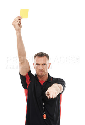 Buy stock photo Portrait, foul and yellow card with a soccer referee in studio isolated on a white background for rules. Football, call and warning with a male ref giving a booking during a competitive sports match