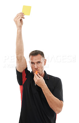 Buy stock photo Yellow card, whistle and sports referee man with hand warning for soccer rules, penalty or fail in studio. Fitness coach sign for mistake or caution at competition game isolated on a white background