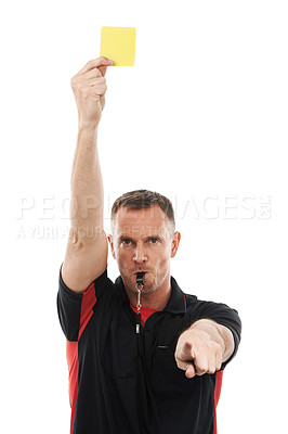 Buy stock photo Referee man portrait, yellow card and hand warning while pointing for soccer rules, penalty or fail. Fitness coach sign for mistake or caution for competition game isolated on a white background