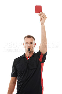 Buy stock photo Sports referee, red card and man blowing whistle with hand warning for soccer rules, penalty or fail. Football coach sign for mistake or caution for competition game isolated on a white background