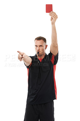 Buy stock photo Sports referee, whistle and red card hand warning while pointing for soccer rules, penalty or fail. Football coach man sign for mistake or caution for competition game isolated on a white background