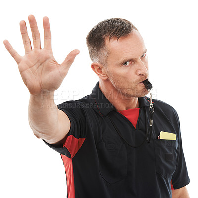 Buy stock photo Hand, stop and portrait of man referee blowing whistle for studio warning, penalty or gesture on white background. Sports, coach and palm sign for wrong, pause or emoji, rules or compliance caution