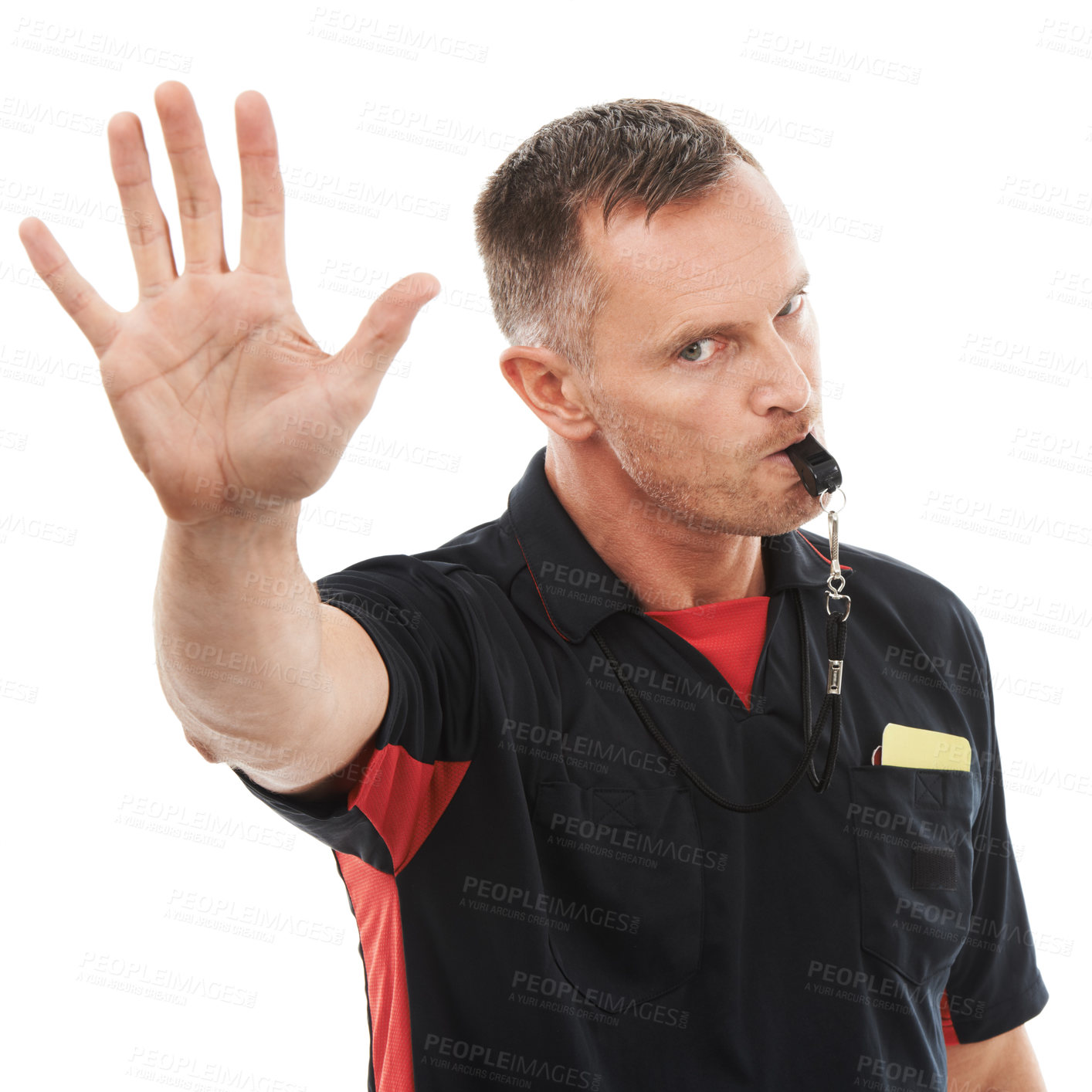 Buy stock photo Hand, stop and portrait of man referee blowing whistle for studio warning, penalty or gesture on white background. Sports, coach and palm sign for wrong, pause or emoji, rules or compliance caution