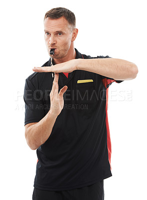 Buy stock photo Sports, timeout and man referee in studio blowing a whistle for soccer match or training. Fitness, rules and mature male coach with hand football gesture or sign language isolated by white background