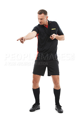 Buy stock photo Sports referee, man and hand warning while pointing for soccer rules, penalty or fail in studio. Fitness coach sign for mistake, error or caution for competition game isolated on a white background