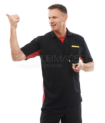 Buy stock photo Sports, whistle and male coach in a studio giving instructions, direction or rules for a match. Fitness, workout and professional man referee with a training gesture isolated by a white background.
