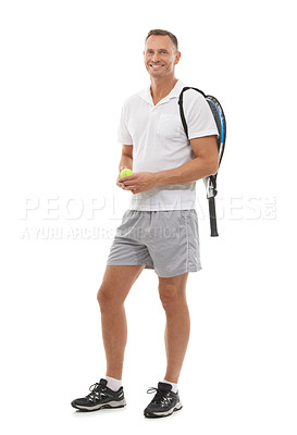 Buy stock photo Tennis portrait, sports and man in studio isolated on a white background for exercise. Training, athlete and mature male with ball and racket ready to start workout for health, fitness and wellness.