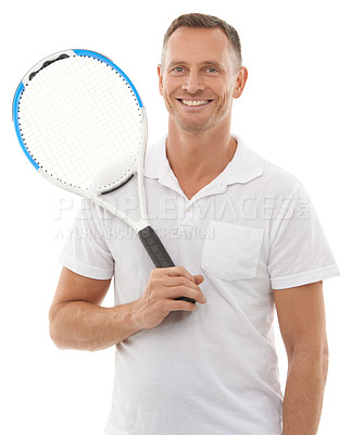 Buy stock photo Tennis sports, portrait and man in studio isolated on a white background for exercise. Training, athlete and happy mature male with racket ready to start workout for health, fitness and wellness.