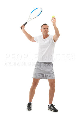 Buy stock photo Tennis sports, fitness and man in studio isolated on white background for exercise. Training, athlete and mature male with racket ready to hit ball for workout for health, game practice or wellness.