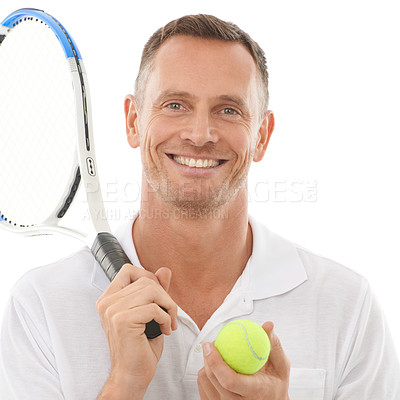 Buy stock photo Face portrait, tennis sports and man in studio isolated on a white background for exercise. Training, athlete or happy mature male with racket and ball ready to start workout or exercising for health