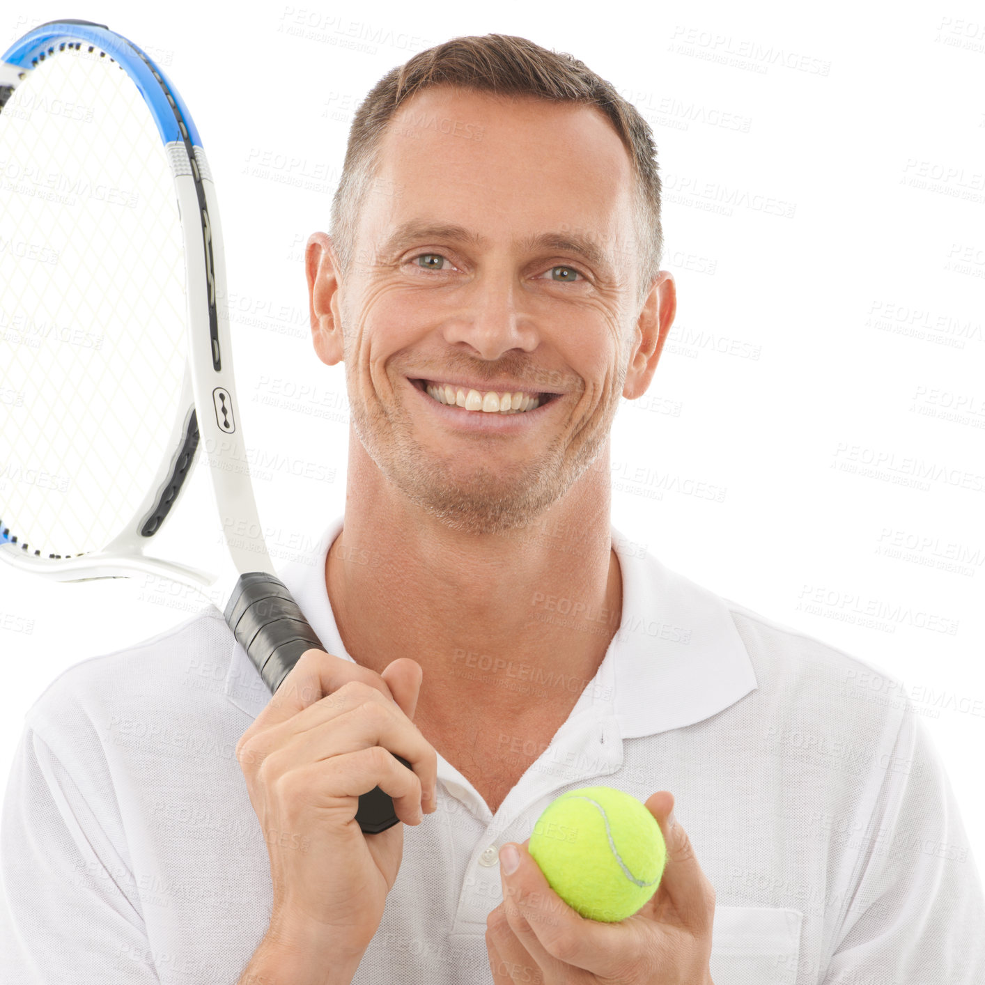 Buy stock photo Face portrait, tennis sports and man in studio isolated on a white background for exercise. Training, athlete or happy mature male with racket and ball ready to start workout or exercising for health
