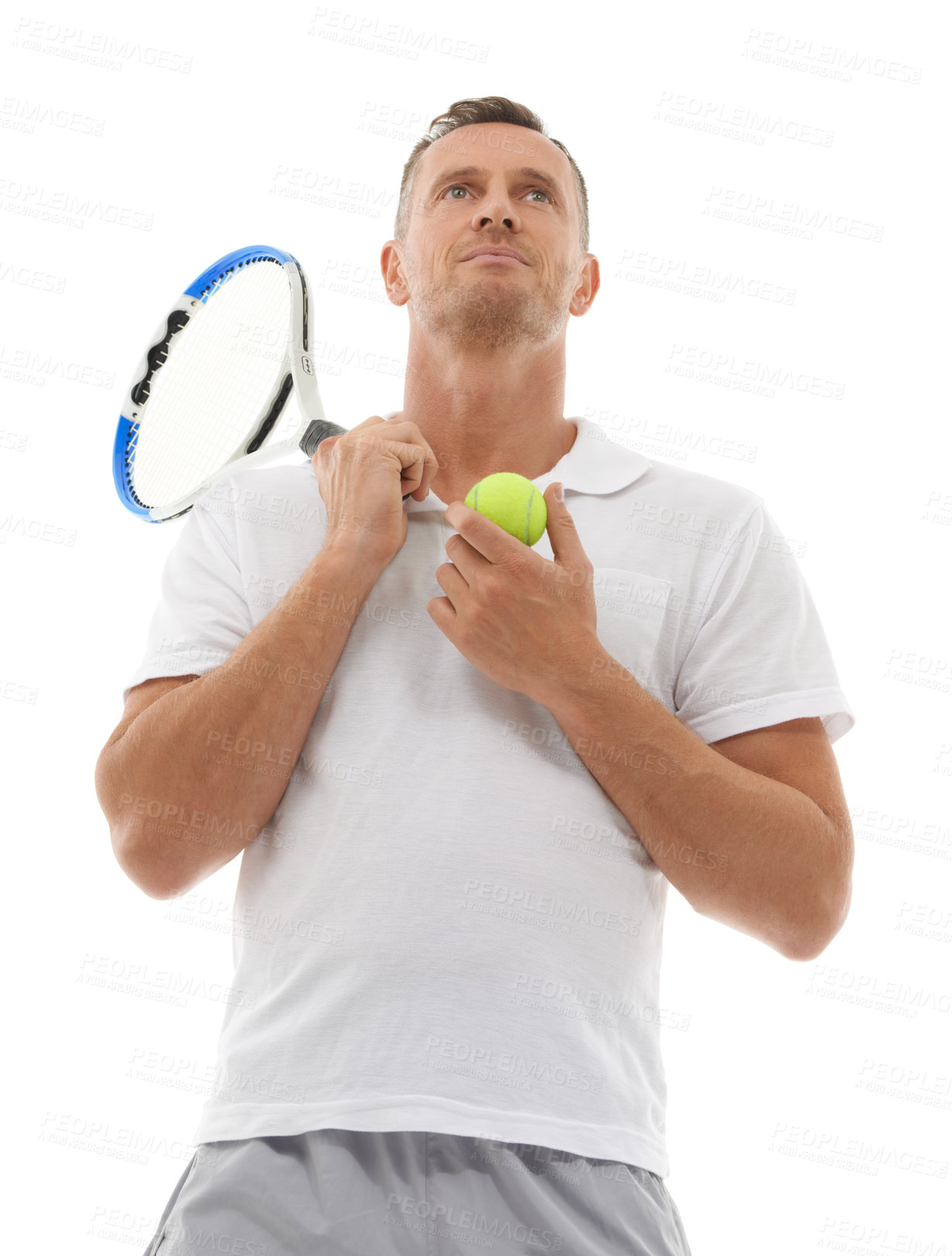 Buy stock photo Sports tennis, fitness and man in studio isolated on white background for exercise. Training, thinking or mature male holding racket and ball ready to start workout or practice for health or wellness